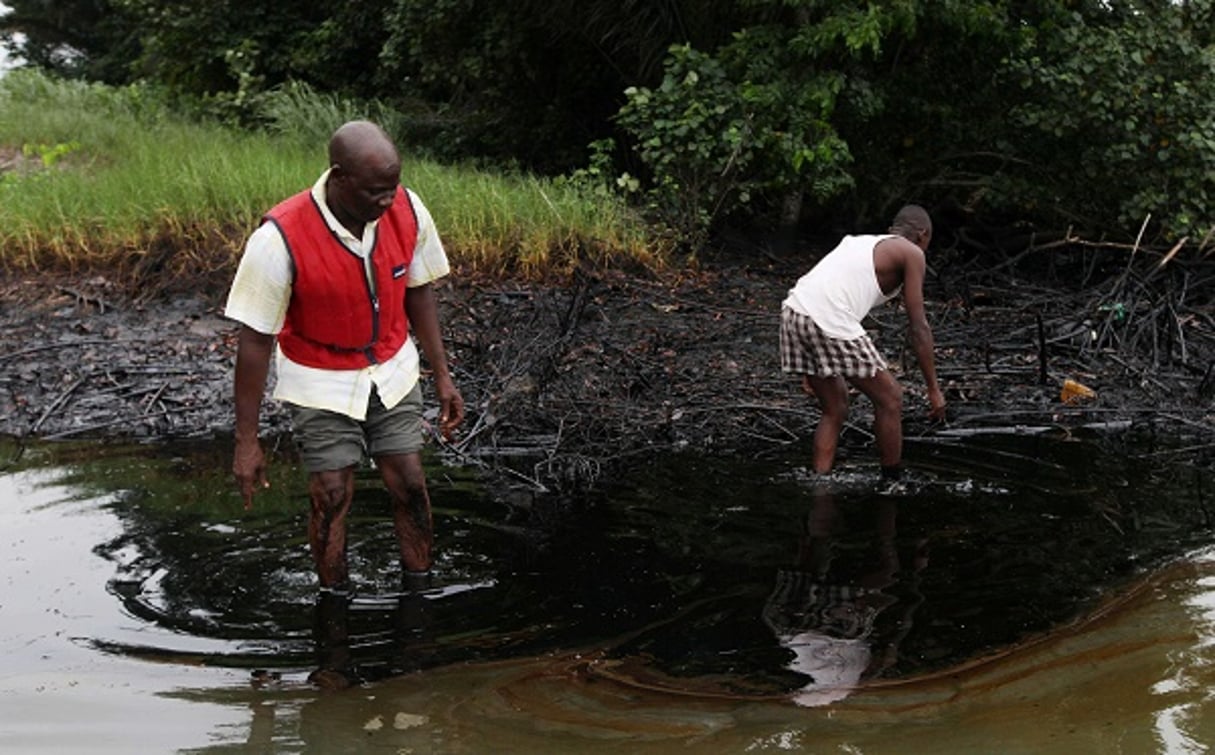 Fuites pétrolières près de Bodo City, dans la région du Delta au Nigeria, le 10 juin 2010. © Sunday Alamba/AP/SIPA