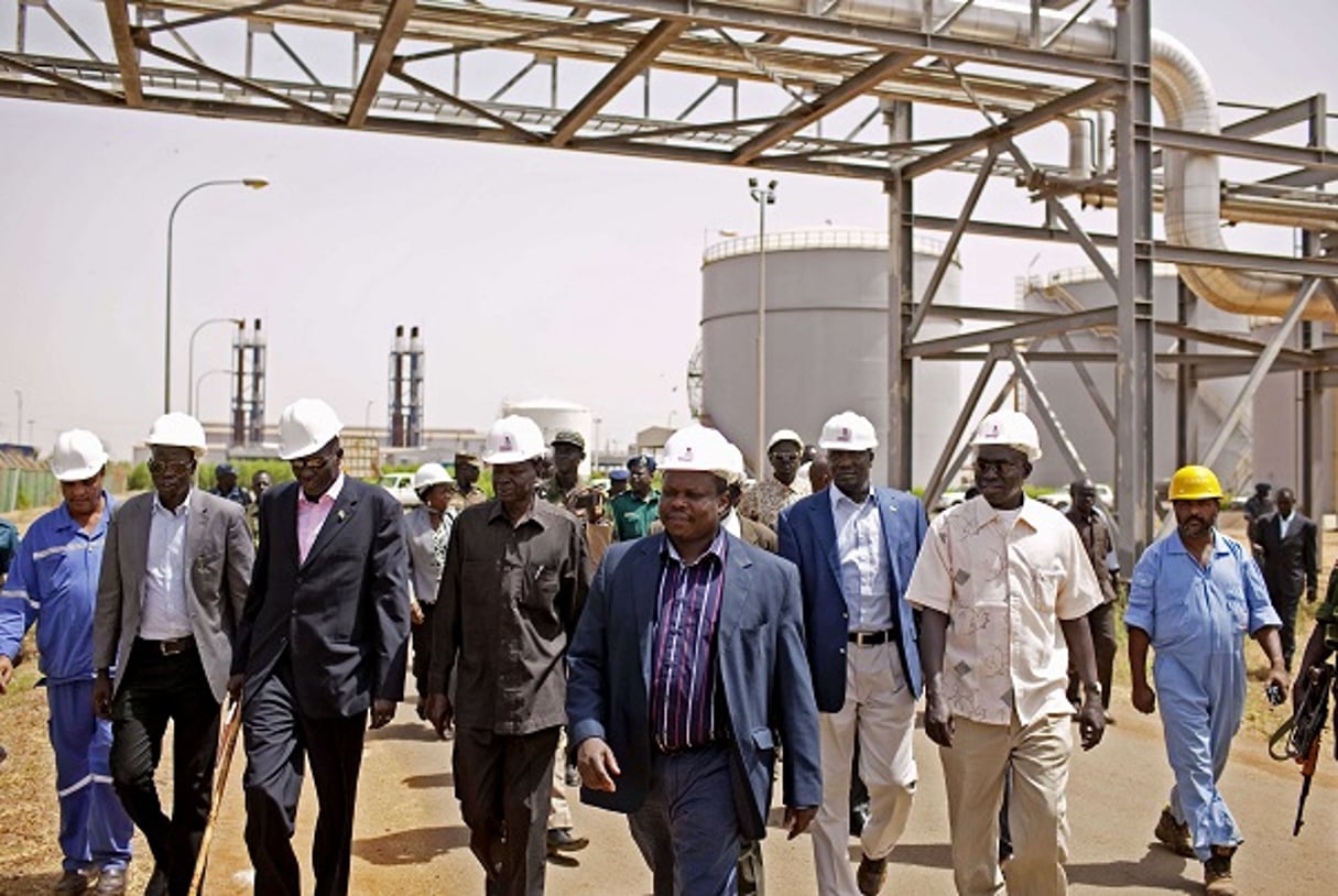 Des membres du gouvernement du Soudan du Sud visitent le champ pétrolier de Paloich en février 2012. © Pete Muller/AP/SIPA