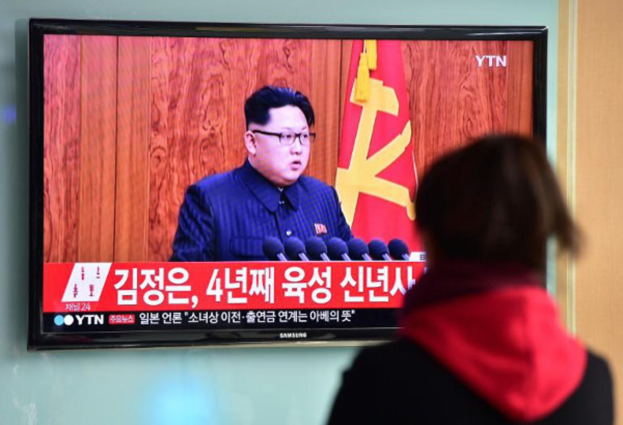 Retransmission télévisée, le 1e janvier 2016 à Séoul, de l’allocution du dirigeant nord-coréen, Kim Jong-Un. © Jung Yeon-Je/AFP