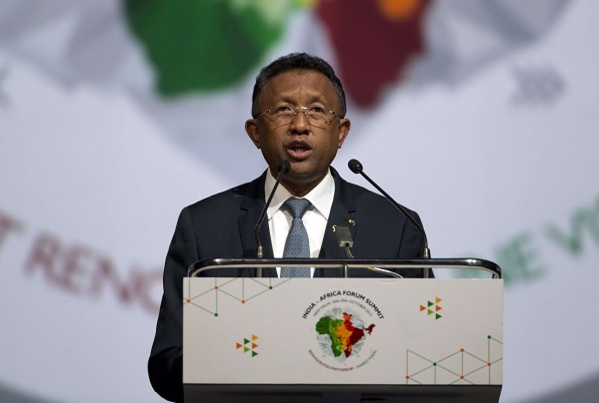 Le président Hery Rajaonarimampianina lors du sommet Inde Afrique en octobre 2015. © Saurabh Das / AP / SIPA