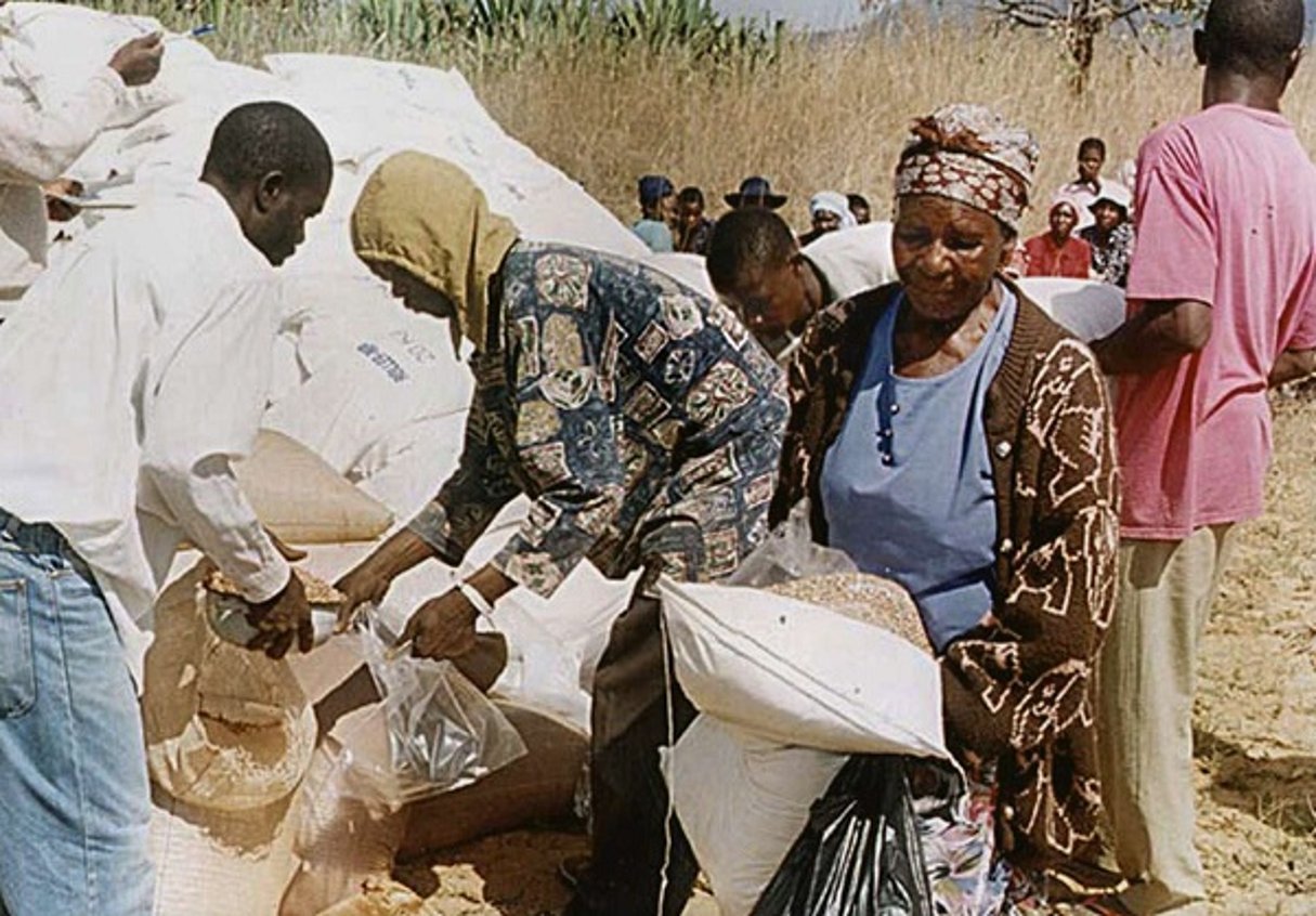 Collecte de dons alimentaires au Zimbabwe, durant la sécheresse de 2002. © STR/AP/SIPA