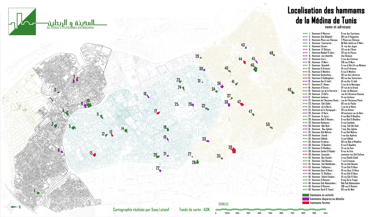 Sana Letaief, chercheuse &copy; Carte des hammams de Tunis encore en activité, disparus ou fermés.