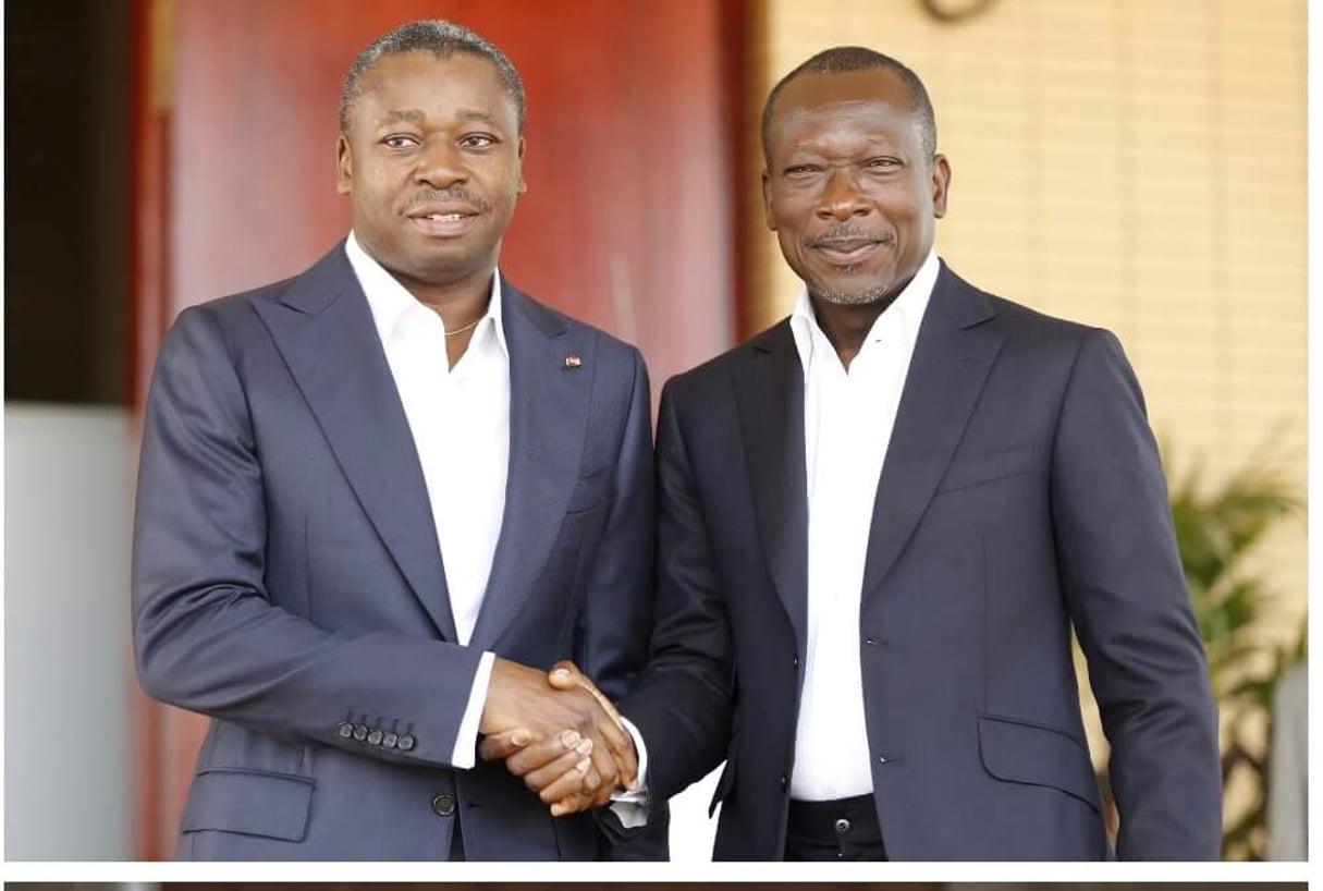 Faure Gnassingbé et Patrice Talon le 28 mars à Lomé. © Louis Vincent / présidence togolaise