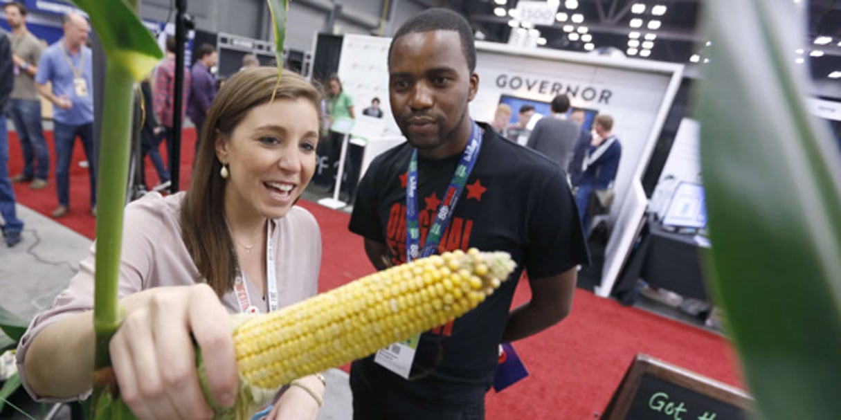 Une représentante de Monsanto vante les mérites de son maïs OGM à un Sud-Africain, lors d’un salon sur le transgénique, à Austin (Texas), le 16 mars 2015. © Erich Schlegel / AP / SIPA
