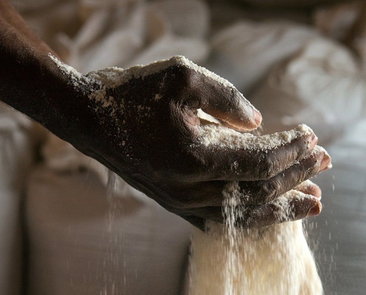 Un ouvrier de la minoterie du groupe minier Alpha Mining à Lubumbashi, capitale de la province du Katanga, en République démocratique du Congo, vérifie la qualité de la farine de maïs, le 24 février 2015. © Gwenn Dubourthoumieu pour Jeune Afrique