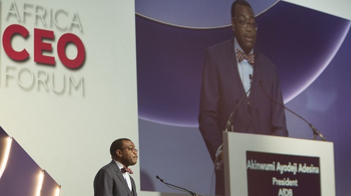 Cérémonie d’ouverture du Africa CEO Forum en mars 2016 à Abidjan (Côte d’Ivoire). Discours d’Akinwumi A. Adesina, président de la Banque africaine de développement (BAD). © Jacques Torregano/Divergence/AFRICA CEO FORUM/Jeune Afrique