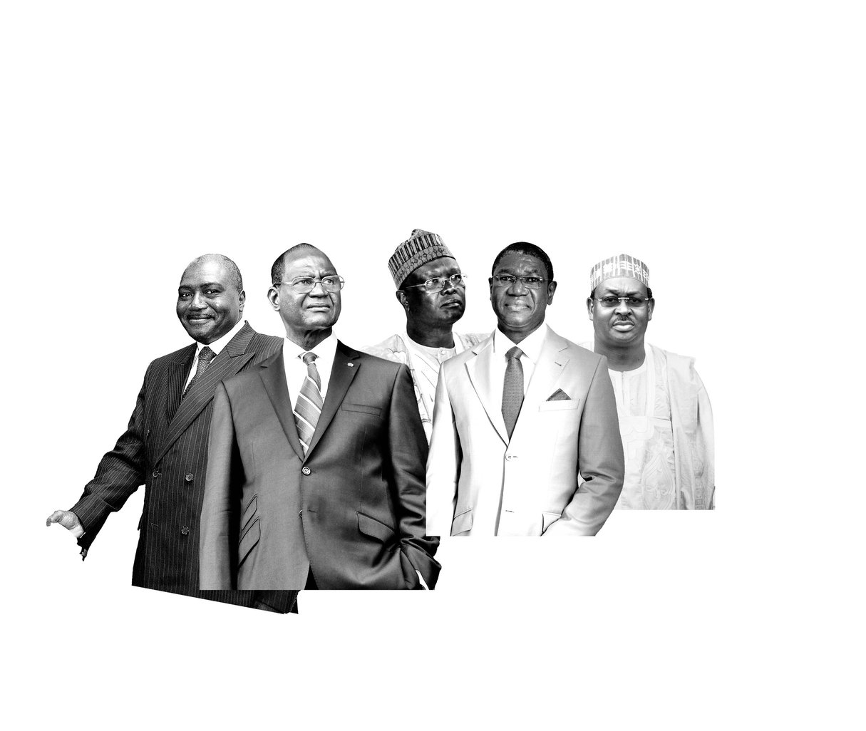 Jean-Marie Atangana Mebara, Bello Bouba Maïgari, Amadou Vamoulké, Yves Michel Fotso, Ibrahim Talba Oumaté. © UN PHOTO/DEVRABERKOWITZ ; JEAN-PIERRE KEPSEU ; MAXPPP, ABEL AIME MENOBA POUR J.A.