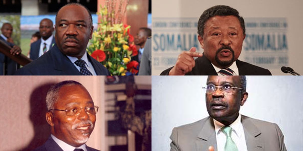 Quatre des candidats annoncés, Ali Bongo Ondimba, Jean Ping, Guy Nzouba Ndama, Casimir Oyé Mba, de haut en bas et de gauche à droite. © J.A./AP/SIPA/OIF