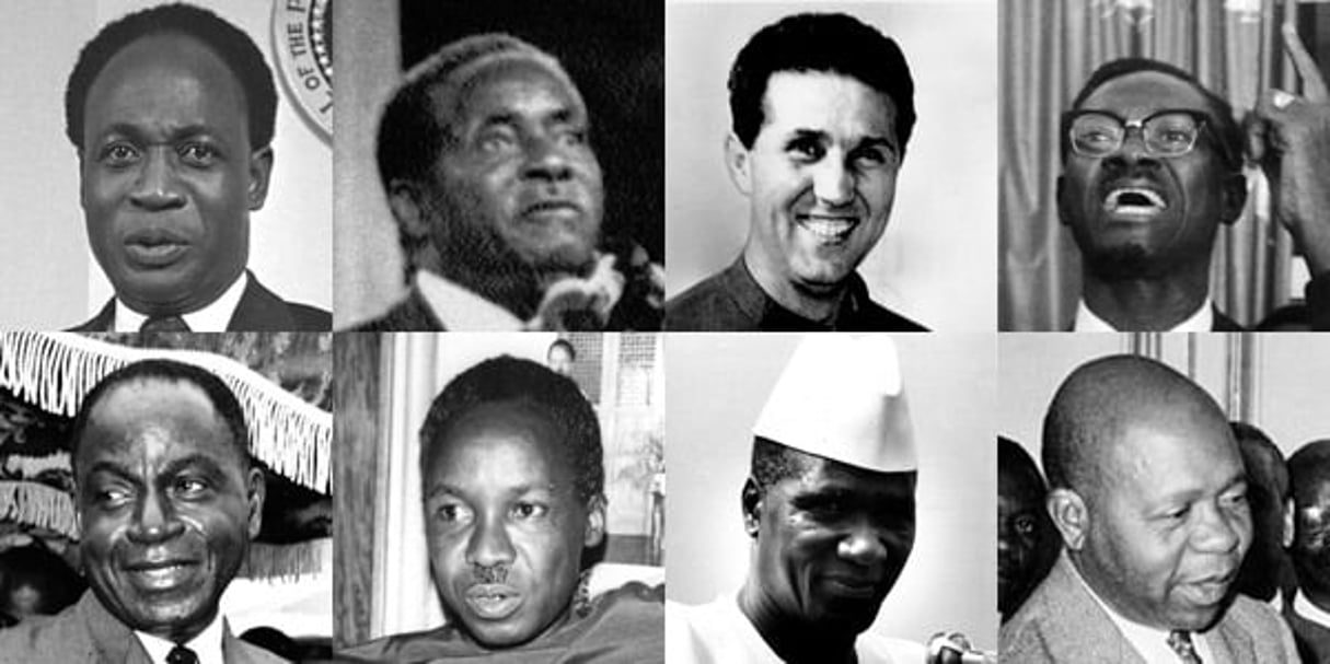 De g. à d. et de haut en bas : Kwame N’Krumah, Robert Mugabe, Ahmed Ben Bella, Patrice Lumumba, Félix Houphouët-Boigny, Julius Nyerere, Sékou Touré, Léon Mba. © AP / SIPA / JA Archives / DR