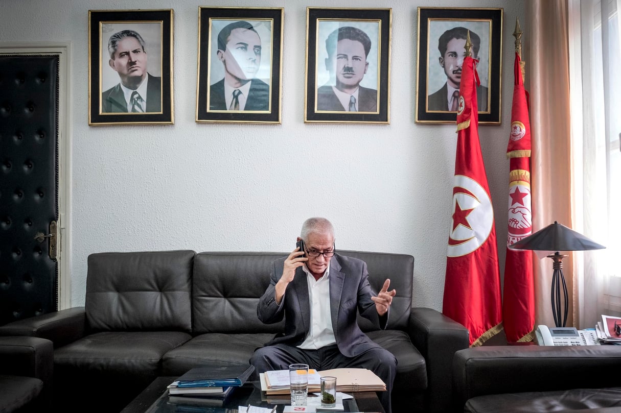 Houcine Abassi, le secrétaire général de l’UGTT, au siège historique de l’organisation syndicale, place Mohamed-Ali, à Tunis. &copy; nicolas fauqué/www.imagesdetunisie.com
