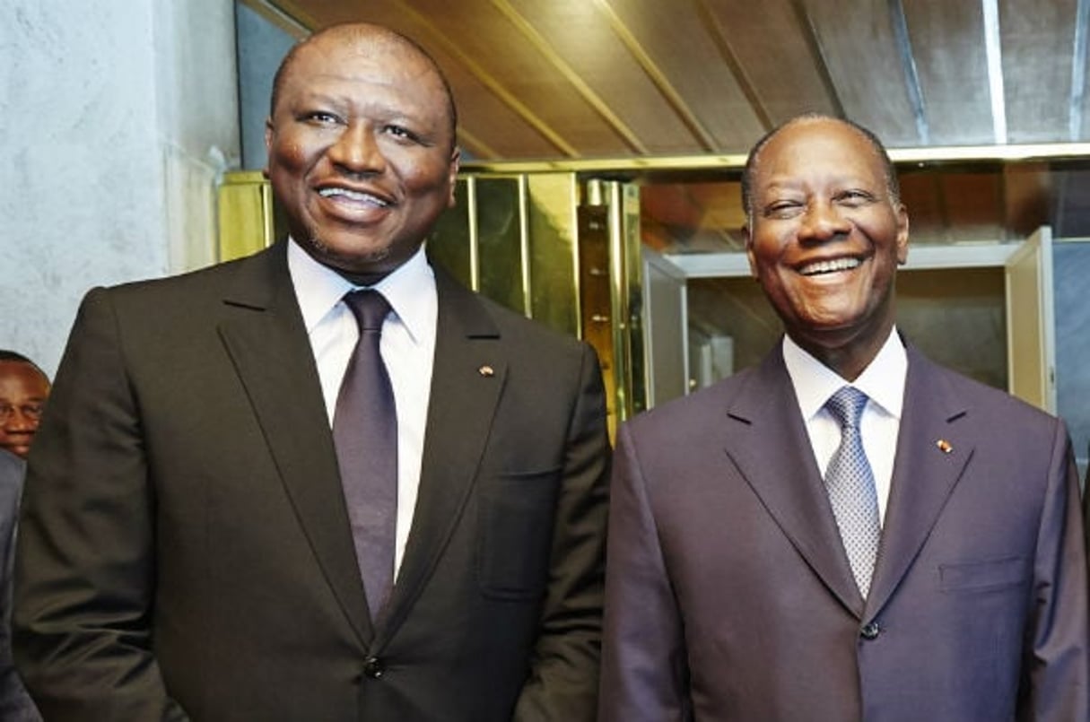 Le président ivoirien Alassane Ouattara (droite) et Hamed Bakayoko, à Abidjan, le 9 mai 2014. © Bruno Lévy / JA