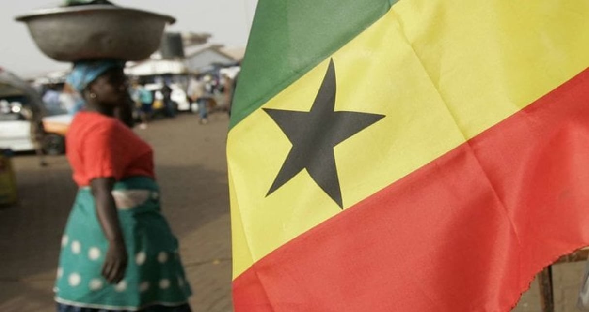 A Ghanaian flag on sale at a stall near the entrance to the bus station in Tamale. © AP/SIPA