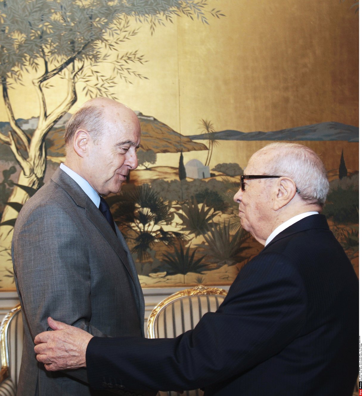 Le président tunisien, Béji Caïd Essebsi (à dr.), accueille Alain Juppé au palais de Carthage, le 29 février. &copy; Mohamed Hammi/SIPA