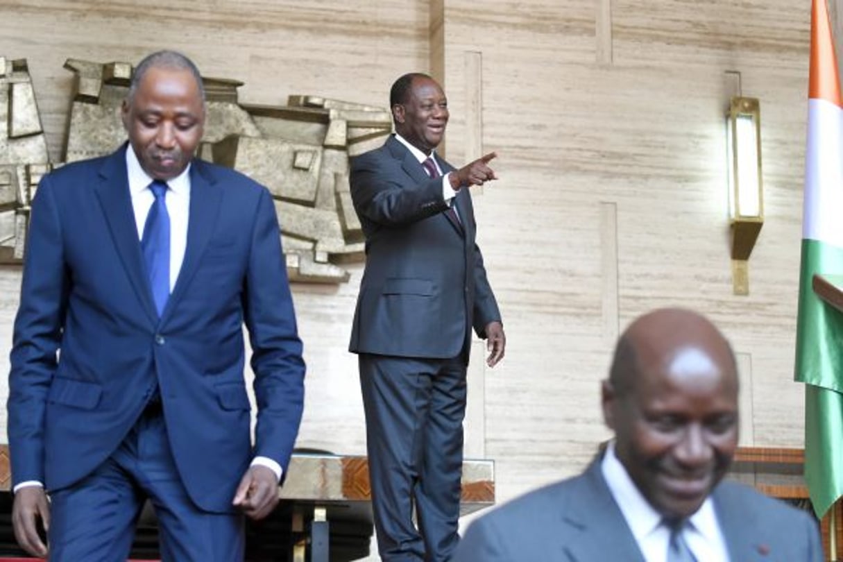 De g. à dr. : Amadou Gon Coulibaly, Alassane Ouattara et Daniel Kablan Duncan. © Kambou Sia/AFP