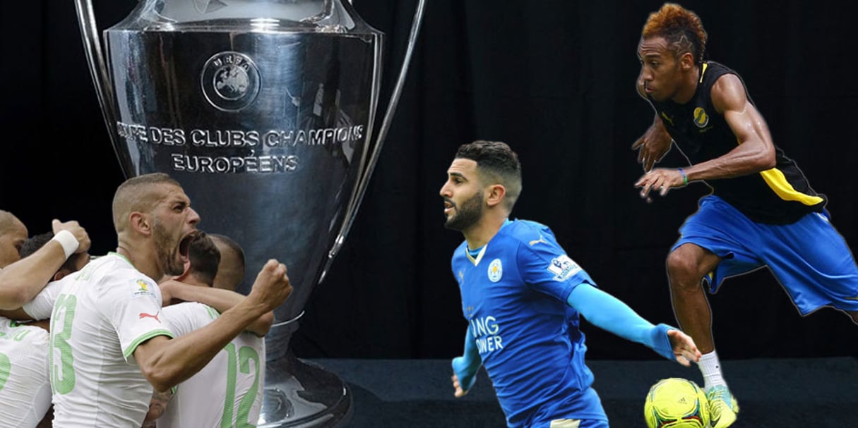 Islam Slimani, Riyad Mahrez et Pierre-Eymerick Aubameyang disputent la Ligue des champions en 2016. © AP/SIPA/Montage J.A.