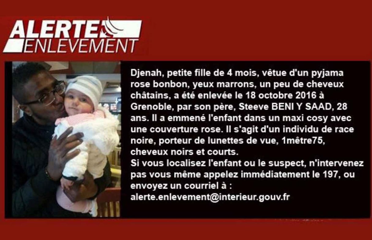 Capture d’écran de la dernière alerte enlèvement publiée par le ministère français de la Justice le 18 octobre 2016. © Capture d’écran/JA
