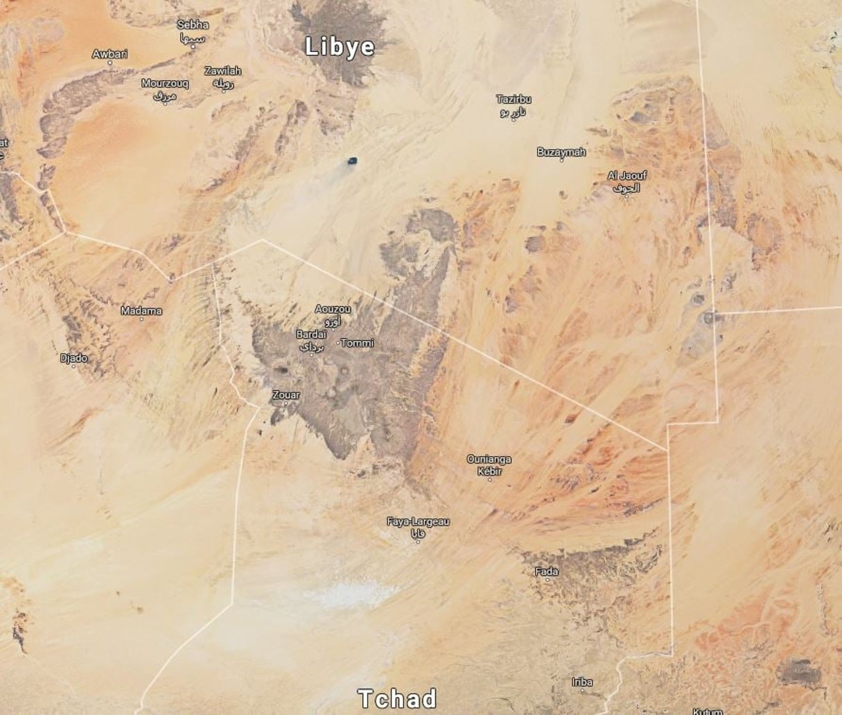 La frontière entre le Tchad et la Libye, longue de plus de 1 000 km. © Capture d’écran/Google maps