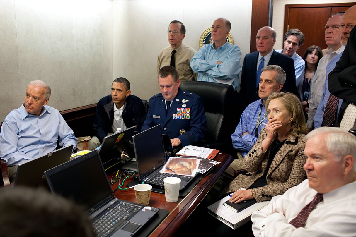 20170111obama5 © May 1, 2011
« Much has been made of this photograph that shows the President and Vice President and the national security team monitoring in real time the mission against Osama bin Laden. Some more background on the photograph: The White House Situation Room is actually comprised of several different conference rooms. The majority of the time, the President convenes meetings in the large conference room with assigned seats. But to monitor this mission, the group moved into the much smaller conference room. The President chose to sit next to Brigadier General Marshall B. “Brad” Webb, Assistant Commanding General of Joint Special Operations Command, who was point man for the communications taking place. WIth so few chairs, others just stood at the back of the room. I was jammed into a corner of the room with no room to move. During the mission itself, I made approximately 100 photographs, almost all from this cramped spot in the corner. There were several other meetings throughout the day, and we’ve put together a composite of several photographs (see next photo in this set) to give people a better sense of what the day was like. Seated in this picture from left to right: Vice President Biden, the President, Brig. Gen. Webb, Deputy National Security Advisor Denis McDonough, Secretary of State Hillary Rodham Clinton, and then Secretary of Defense Robert Gates. Standing, from left, are: Admiral Mike Mullen, then Chairman of the Joint Chiefs of Staff; National Security Advisor Tom Donilon; Chief of Staff Bill Daley; Tony Blinken, National Security Advisor to the Vice President; Audrey Tomason Director for Counterterrorism; John Brennan, Assistant to the President for Homeland Security and Counterterrorism; and Director of National Intelligence James Clapper. Please note: a classified document seen in front of Sec. Clinton has been obscured. »
(Official White House Photo by Pete Souza)
This official White House photograph is being made available only for publication