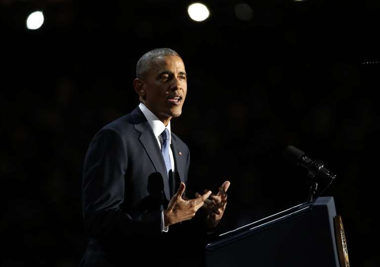 Le président sortant Barack Obama lors de son discours d’adieu à Chicago, le 10 janvier 2017. © Nam Y. Huh/AP/SIPA