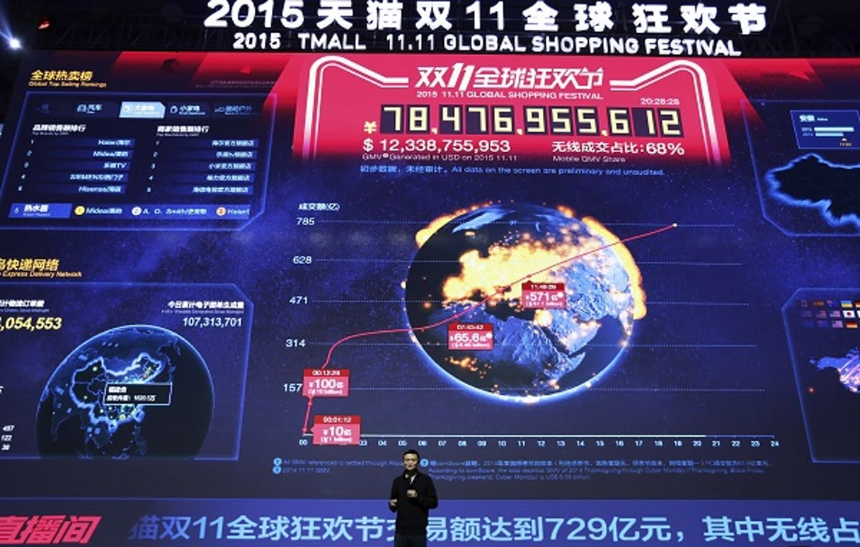 Sur cette photo prise le 11 novembre 2015, le président d’Alibaba, Jack Ma, parle devant un écran qui comptabilise en direct les ventes du géant de l’e-commerce. © Andy Wong/AP/SIPA