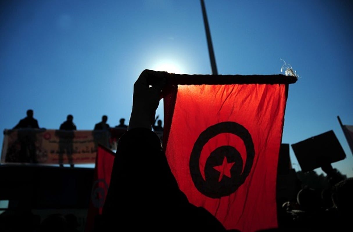 Des policiers tunisiens manifestent devant le palais présidentiel à Carthage, près de Tunis, pour demander une augmentation de salaire, le 25 janvier 2017. © Riadh Dridi/AP/SIPA