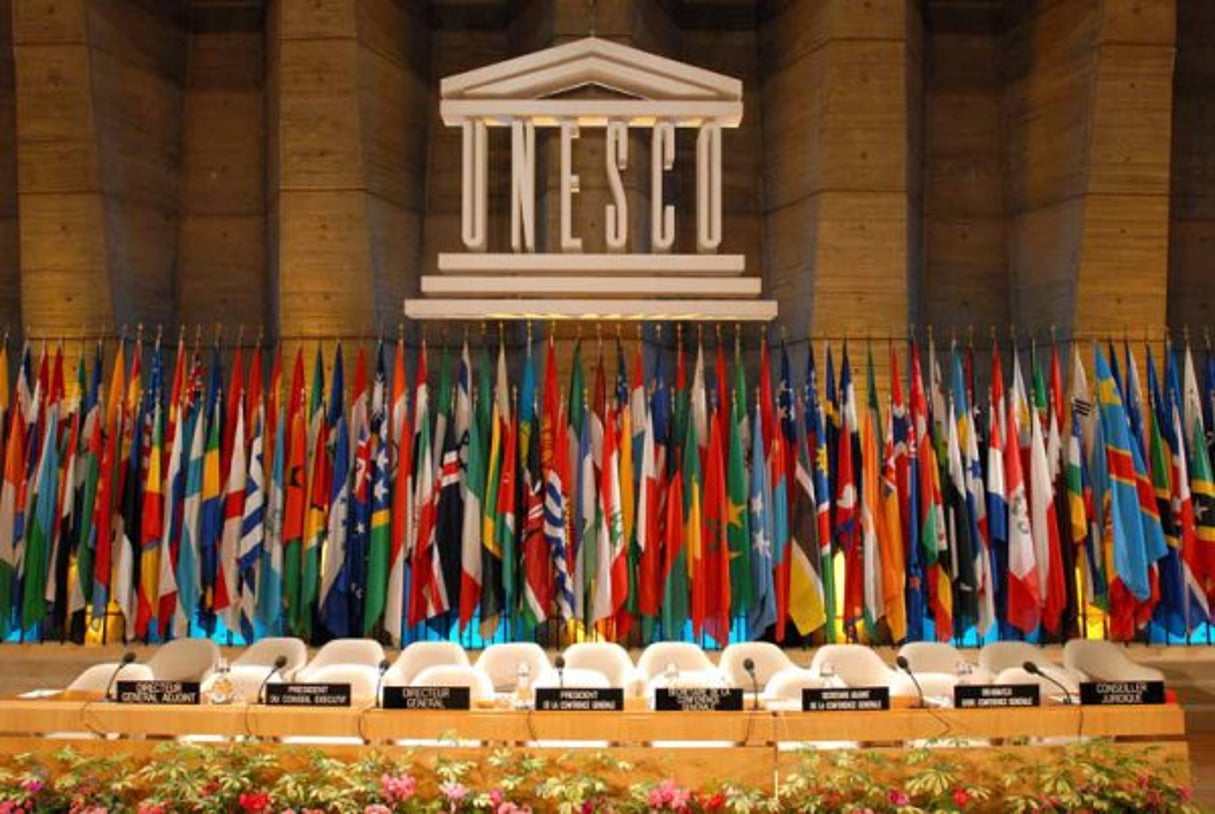 Salle plénière de la 34ème Conférence générale de l’UNESCO avec drapeaux. © UNESCO/Michel Ravassard