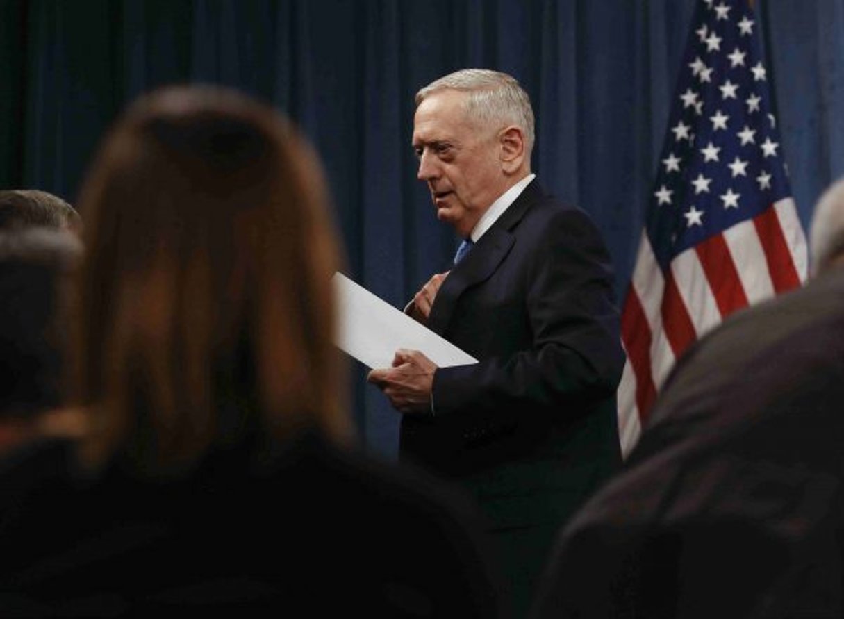 Le secrétaire américain de la Défense Jim Mattis lors d’une allocution au Pentagone en avril 2017. © Carolyn Kaster/AP/SIPA