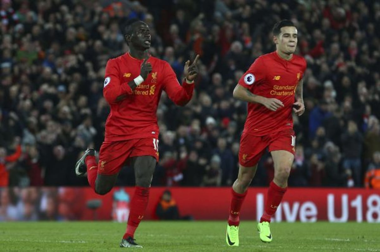 Sadio Mané célèbre son but, le second de Liverpool contre Arsenal le 4 mars 2017. © Dave Thompson/AP/SIPA