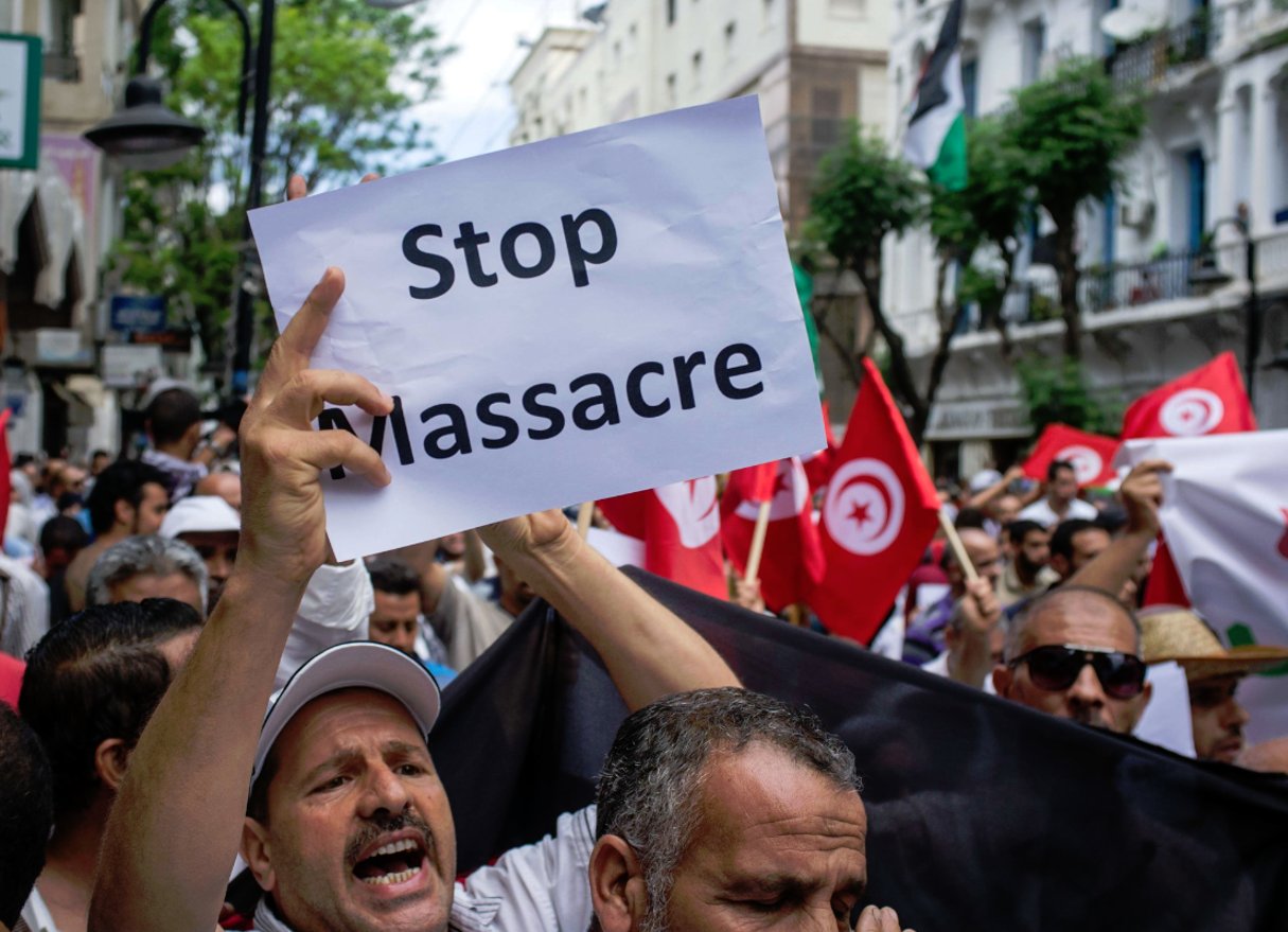 Manifestation à Tunis contre  l’opération israélienne «Bordure protectrice» contre la bande de Gaza, en 2014. © Aimen Zine/AP/SIPA