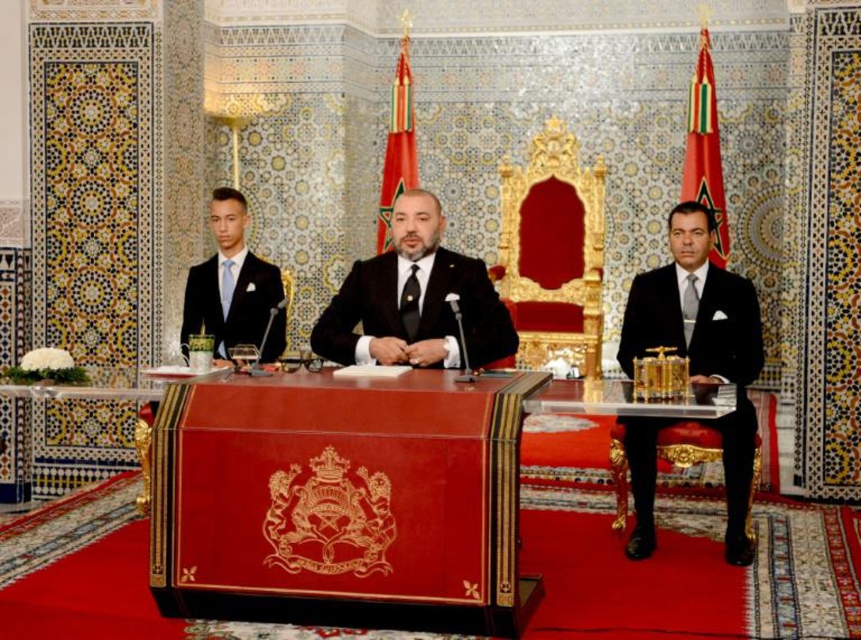 Le roi du Maroc Mohammed VI lors d’un discours marquant le 16e anniversaire de son accession au trône, le 29 août 2017. © AFP