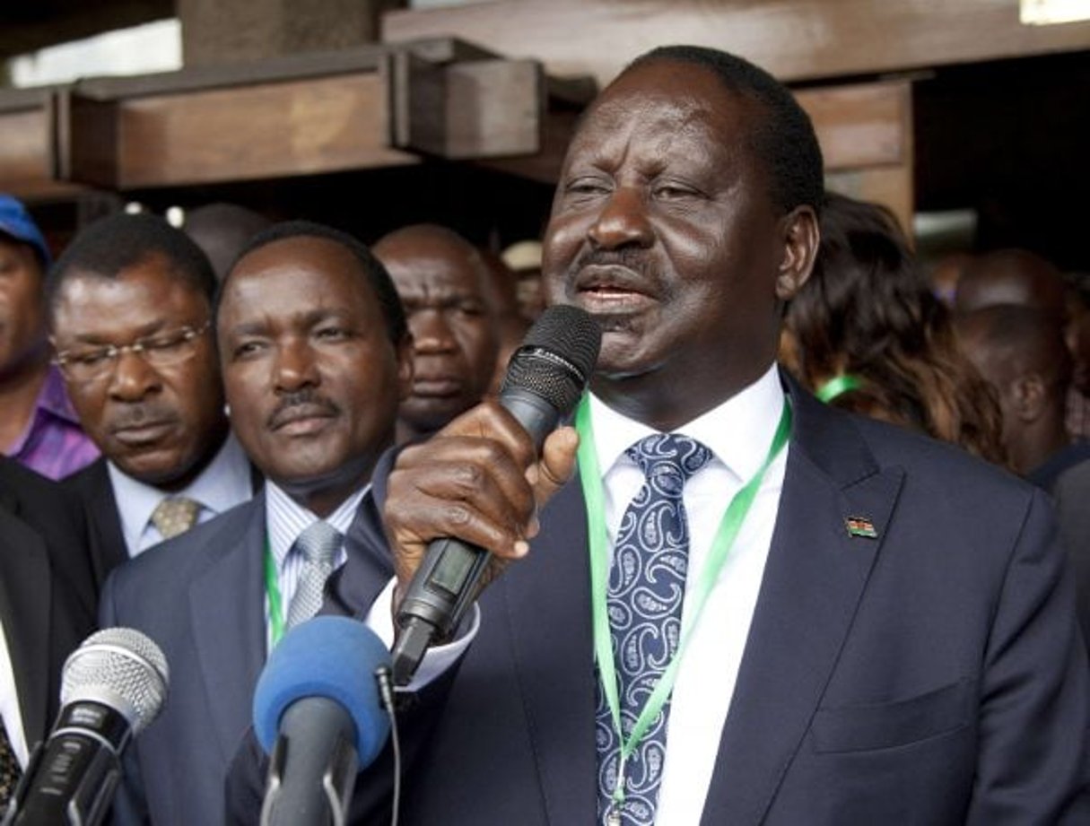 Raila Odinga, le candidat battu à l’élection présidentielle du 8 août 2017, lors d’un meeting à Nairobi. © Sattid Abdul Azim/AP/SIPA