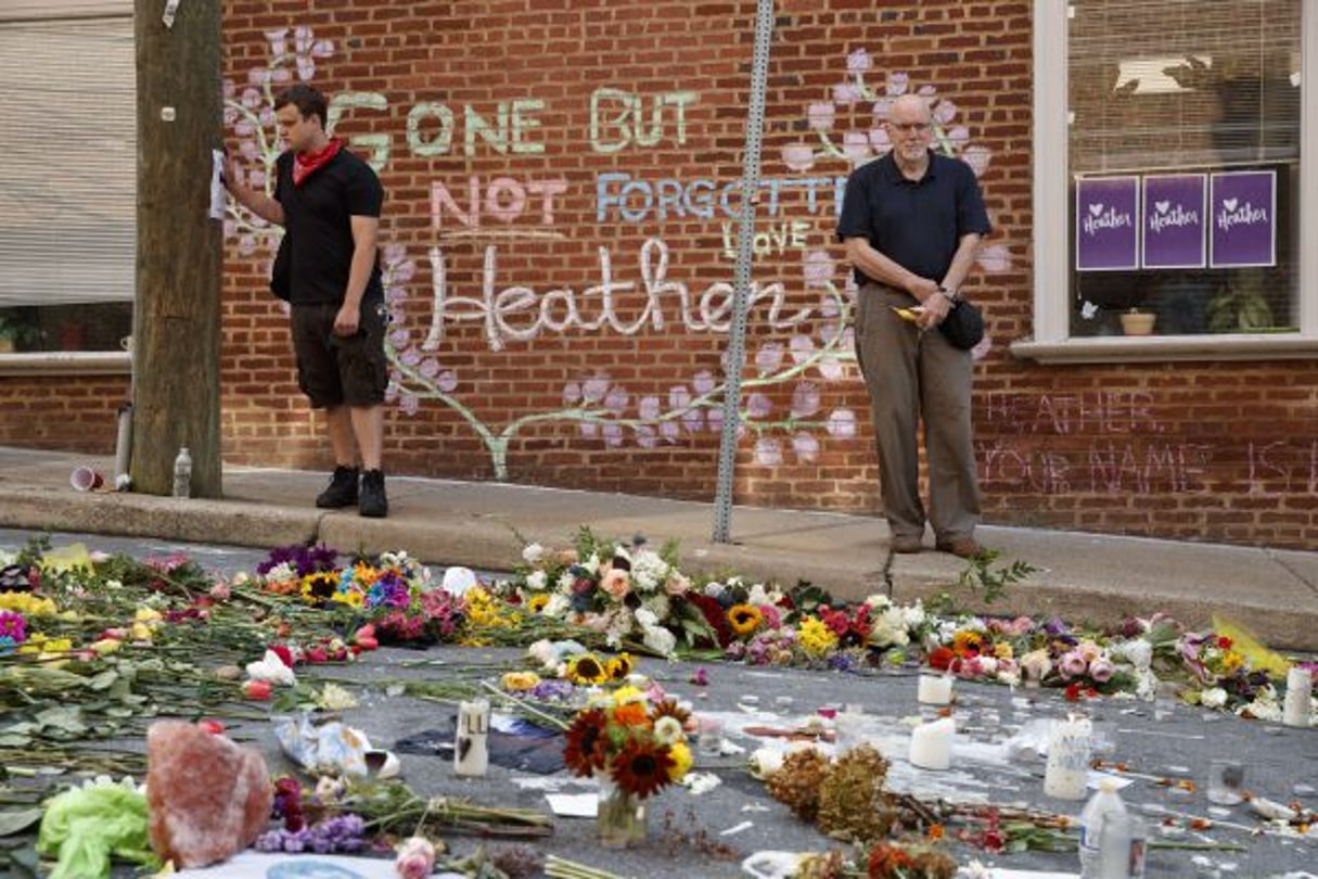 Sur les lieux de l’attaque du 12 août 2017, à Charlottesville, qui a coûté la vie à une femme de 32 ans. © Evan Vucci/AP/SIPA