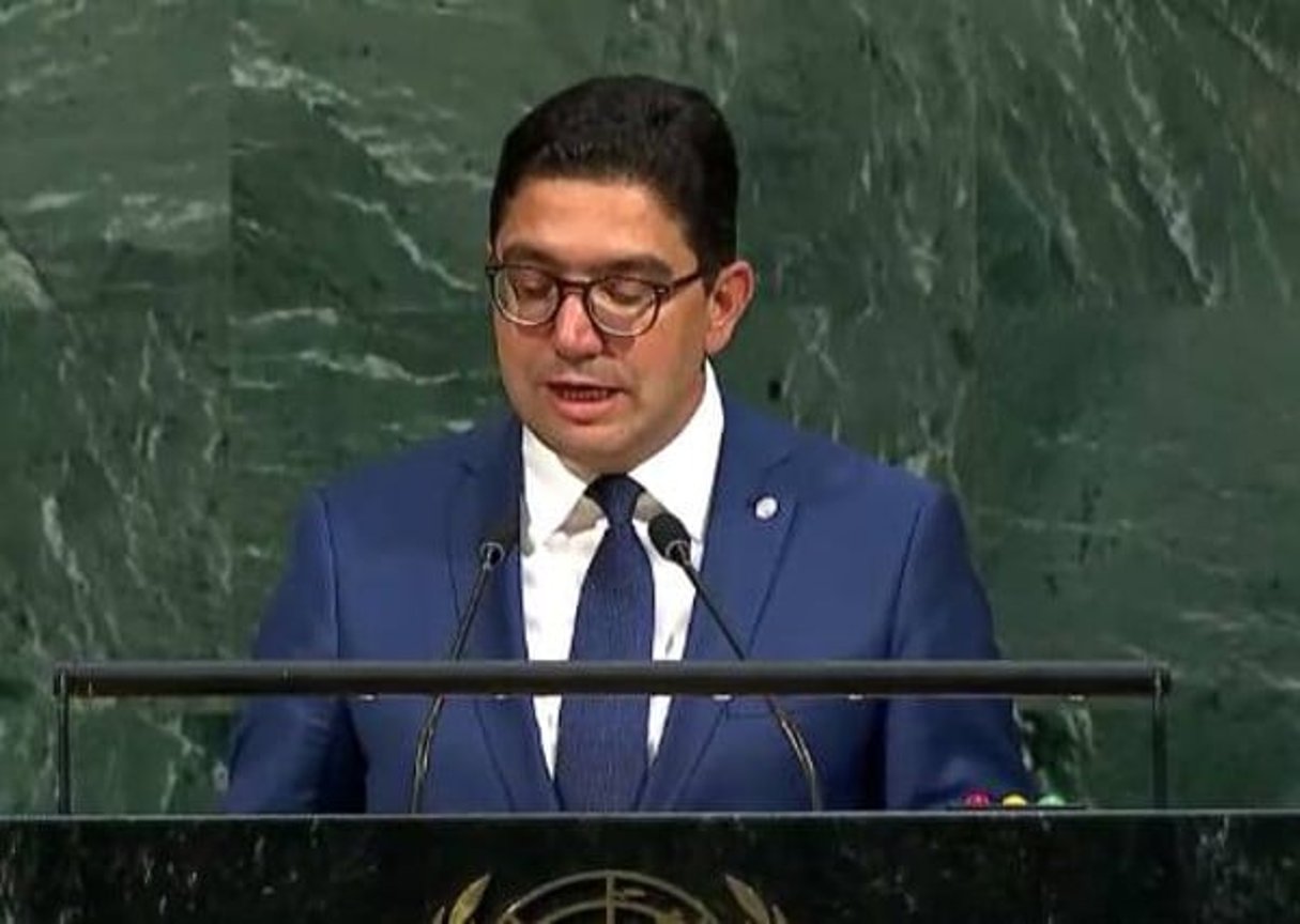 Le ministre Nasser Bourita prononçant son discours devant l »Assemblée générale de l’ONU  le 20 septembre 2017 à New York. © Ministère des Affaires étrangères du Maroc