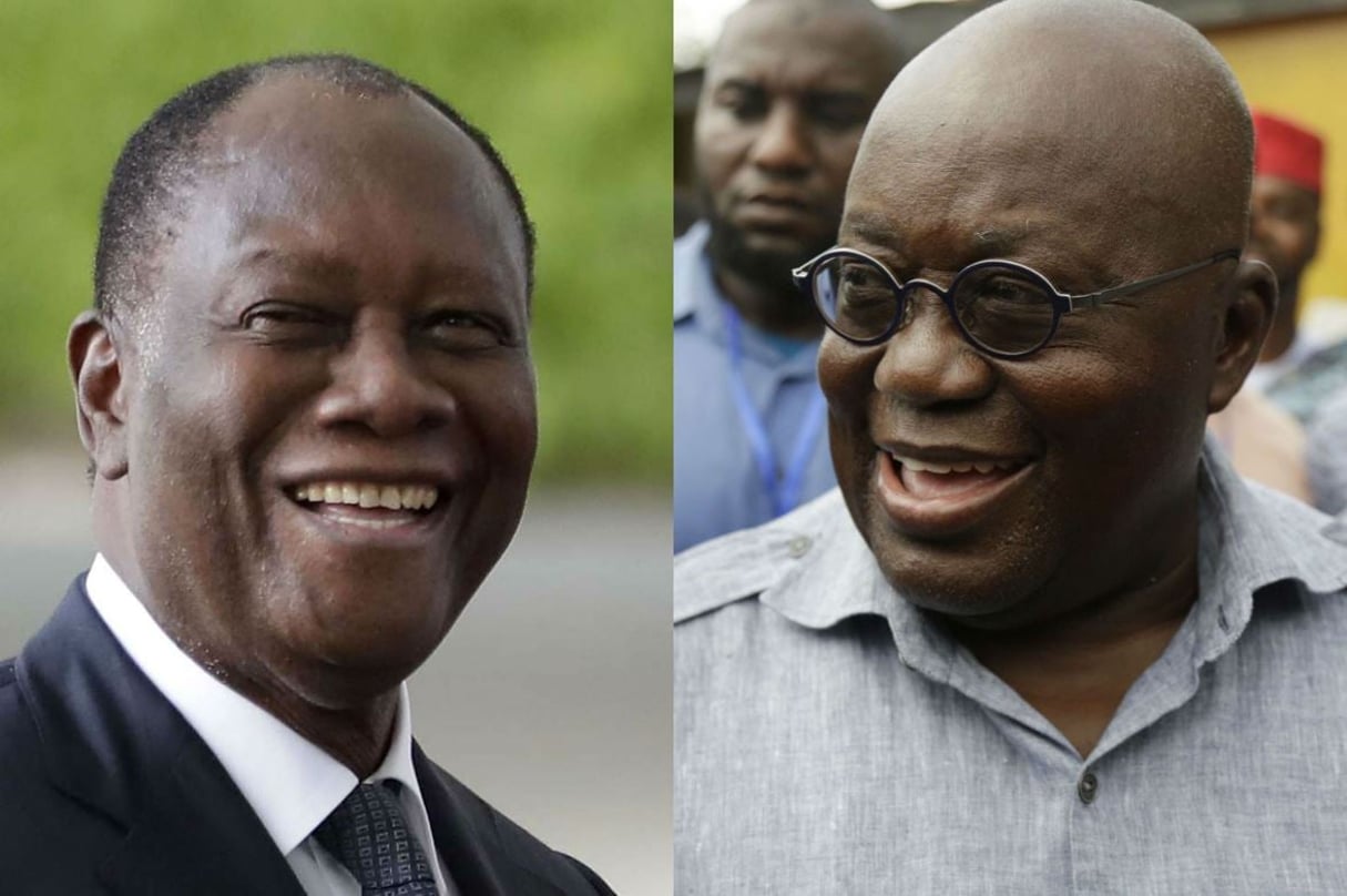 Les présidents Alassane Dramane Ouattara et Nana Akufo-Addo. © Michael Sohn, Sunday Alamba/AP/SIPA