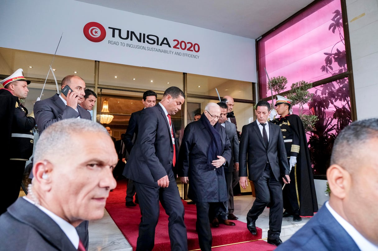 Béji Caïd Essebsi, le 29 novembre 2016, au palais des Congrès de Tunis, à l’issue de la cérémonie d’ouverture de la conférence Tunisia 2020. © SOURCE	: Ministère de l’Industrie et des PME/APII, septembre 2017