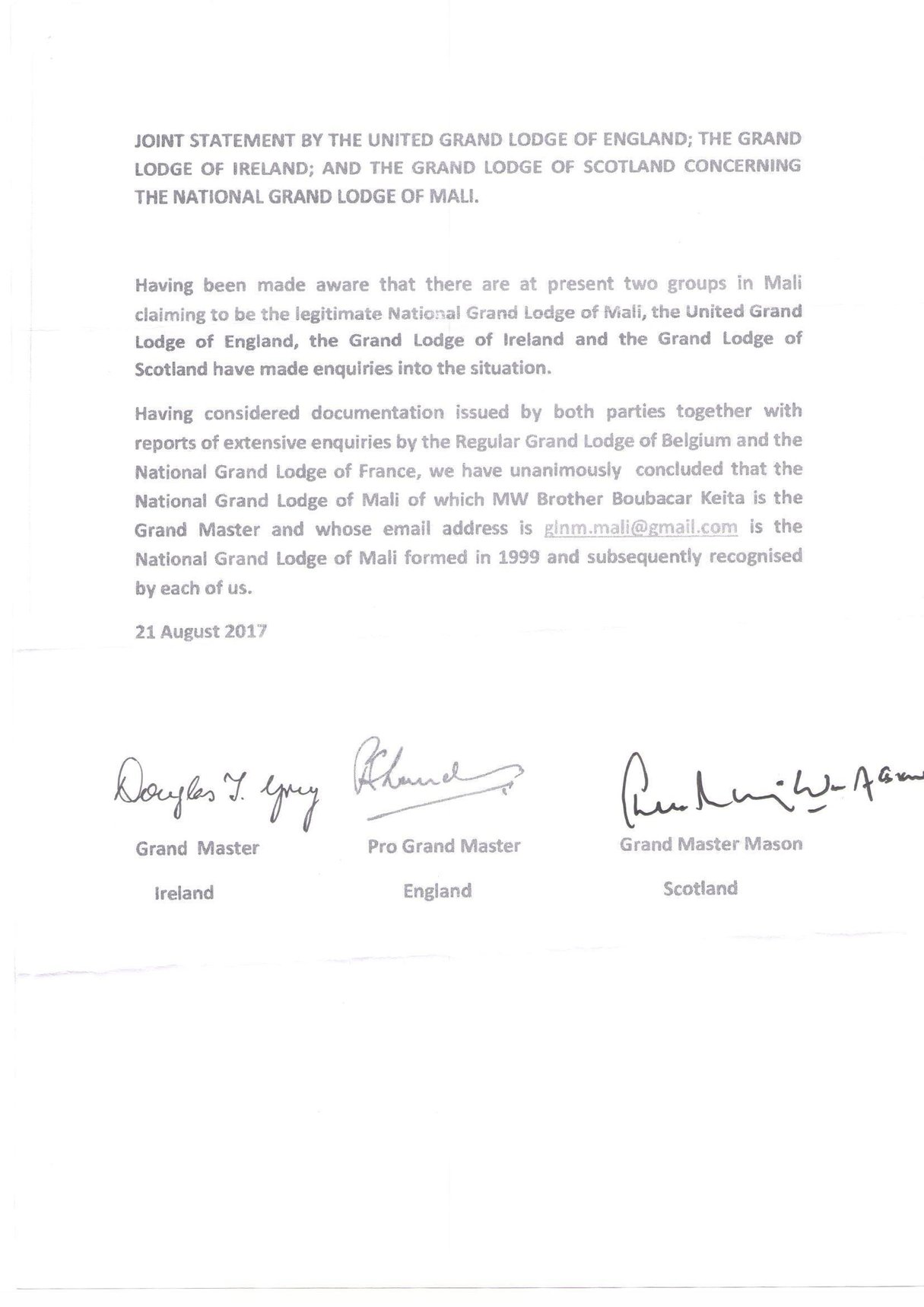 Communiqué de la grande loge d’Angleterre, d’Irlande et d’Ecosse reconnaissant Boubacar comme le Grand Maître de la GLNM, datant du 21 août 2017.