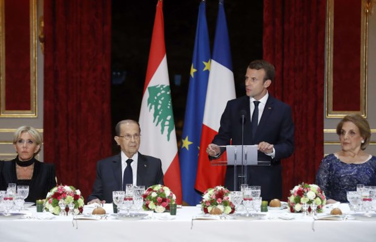 Le président libanais Michel Aoun, et le président français Emmanuel Macron, à l’Élysée, Paris, le 25 septembre 2017. © Etienne Laurent/AP/SIPA