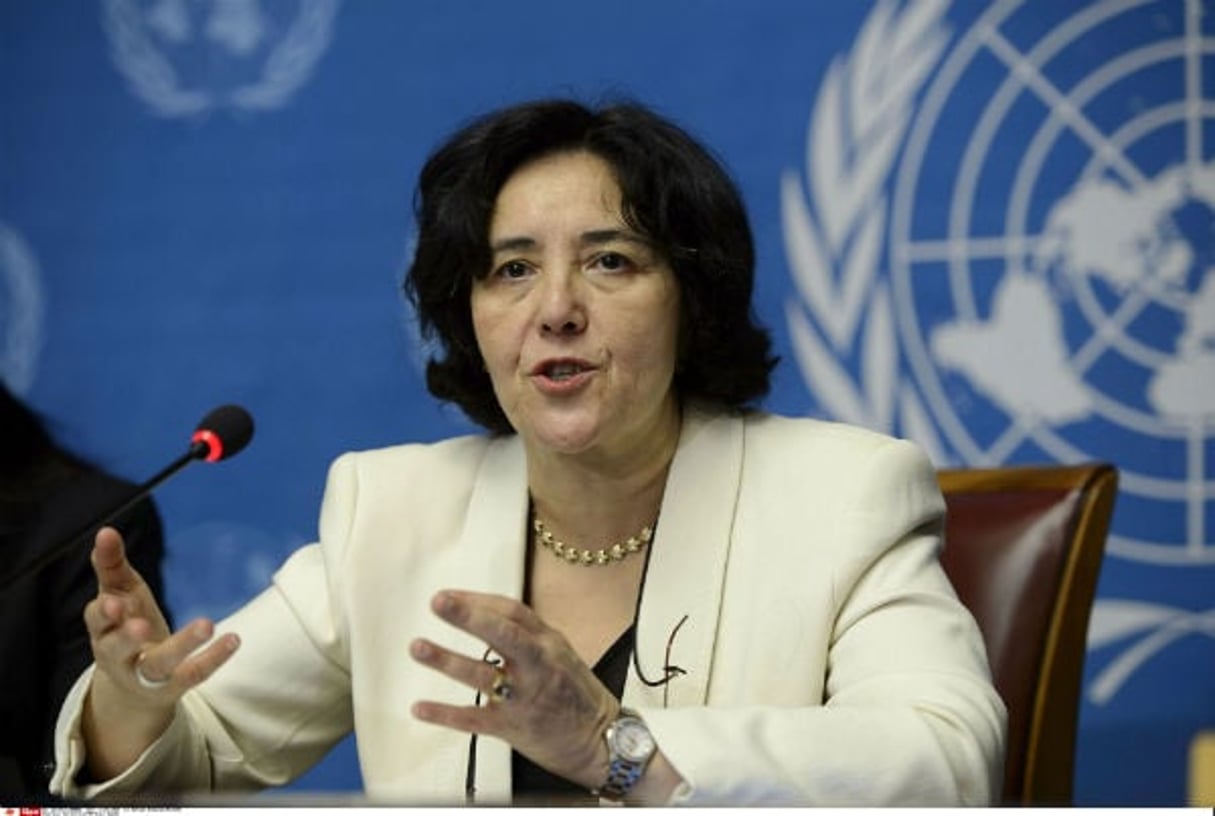 Leila Zerrougui alors Représentante spéciale du Secrétaire général des Nations Unies pour les enfants et les conflits armés, au siège européen des Nations Unies, à Genève (Suisse), le 13 mars 2014 © Martial Trezzini/AP/SIPA