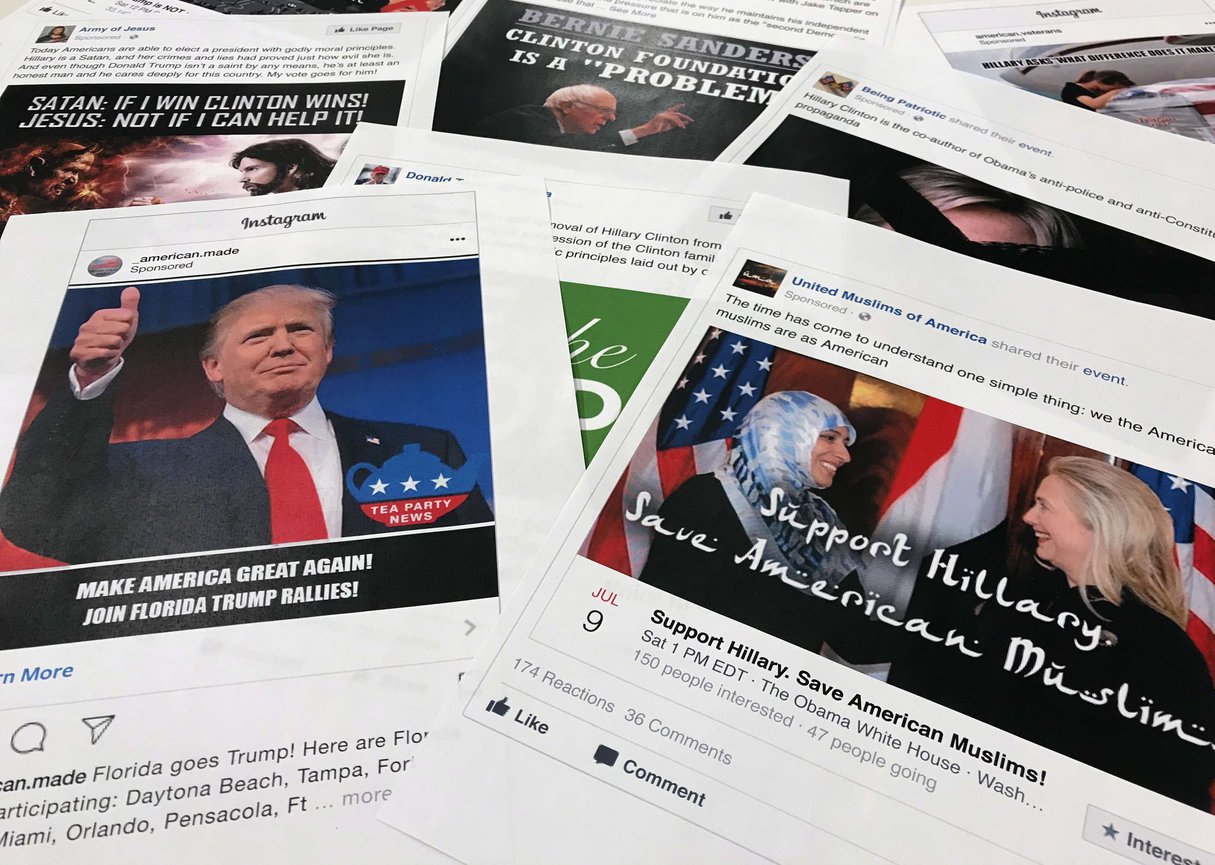 Trump Russia Probe Social Media © Some of the Facebook and Instagram ads linked to a Russian effort to disrupt the American political process and stir up tensions around divisive social issues, released by members of the U.S. House Intelligence committee, are photographed in Washington, on Wednesday, Nov. 1, 2017. The ads, dozens of which were disclosed for the first time, were released as representatives of leading social media companies faced criticism on Capitol Hill about why they hadn’t done more to combat Russian interference on their sites and prevent foreign agents from meddling in last year’s election. (AP Photo/Jon Elswick)/WX201/17305808465532/1711020604