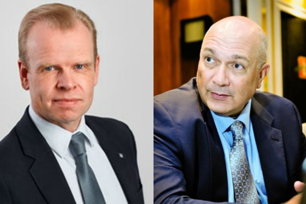 Svein Tore Holsether, PDG de Yara International, et Mostafa Terrab, PDG d’OCP. © Photomontage / Yara International / Alexandre Dupeyron pour JA /