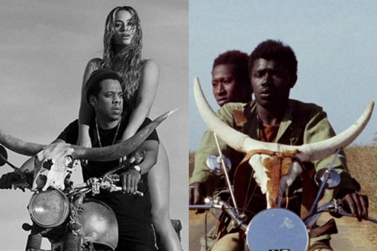 A droite, le visuel de la tournée de Beyoncé et Jay Z (2018), à droite, une image du film Touki Bouki, de Djibril Diop Mambéty (1973). © DR / Photomontage