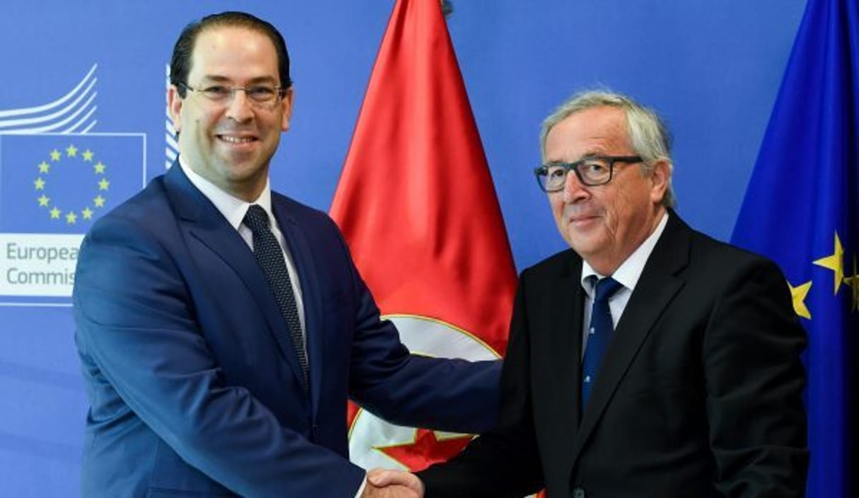 Youssef Chahed et Jean-Claude Juncker; à Bruxelles, le 24 avril 2018. © SIPA/ Frederic Sierkowski