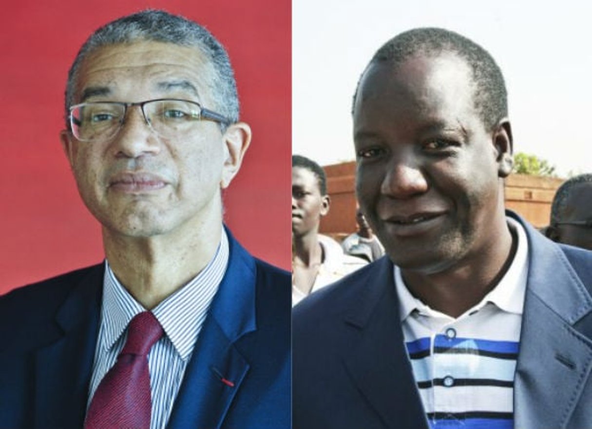 Lionel Zinsou, ancien Premier ministre du Bénin, et Mahamadou Bonkoungou, patron du groupe Ebomaf. © Photomontage / Vincent Fournier pour JA ; Hippolyte Sama.