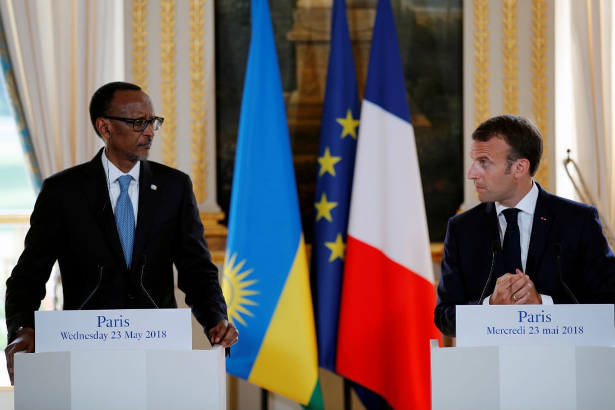 Paul Kagame, le président du Rwanda, et Emmanuel Macron, président français, à l’Élysée le 23 mai 2018. © Francois Mori/Pool via Reuters
