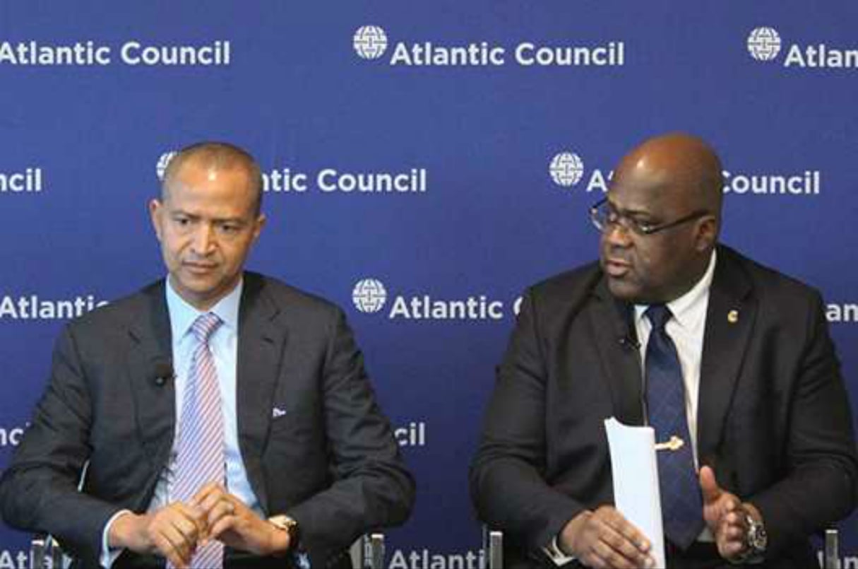 Moïse Katumbi et Félix Tshisekedi, lors de la conférence devant le think tank Atlantic Council, à Washington le 23 mai 2018. &copy; DR / Atlantic Council/James Wholley