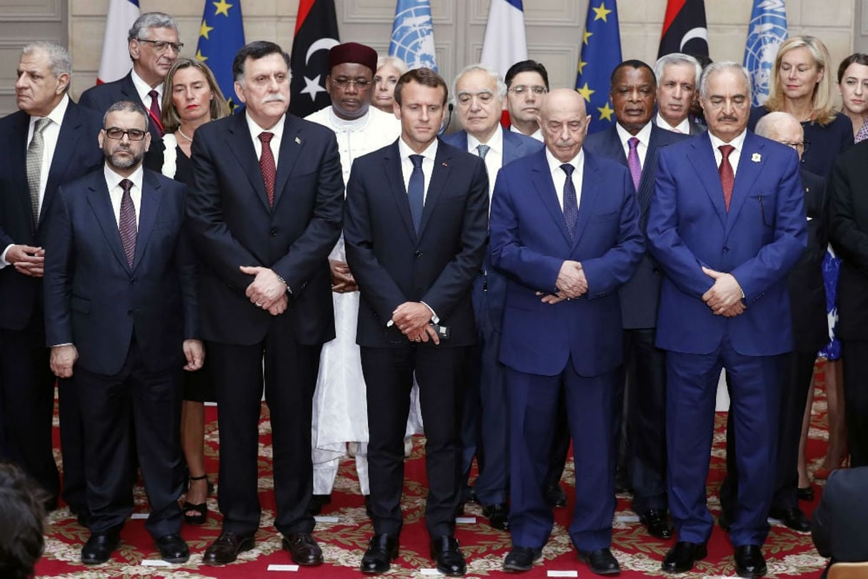 Les participants à la rencontre sur la crise en Libye, à l’Élysée ce mardi 29 mai, qui a débouché sur un accord portant sur des élections le 10 décembre 2018. © Etienne Laurent/AP/SIPA