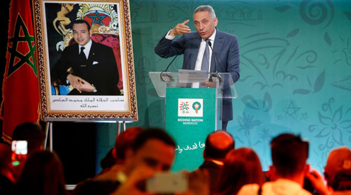 Le président du comité marocain pour l’organisation du Mondial 2026, Moulay Hafid Elalamy, en conférence de presse le 20 avril 2018. © Abdeljalil Bounhar/AP/SIPA