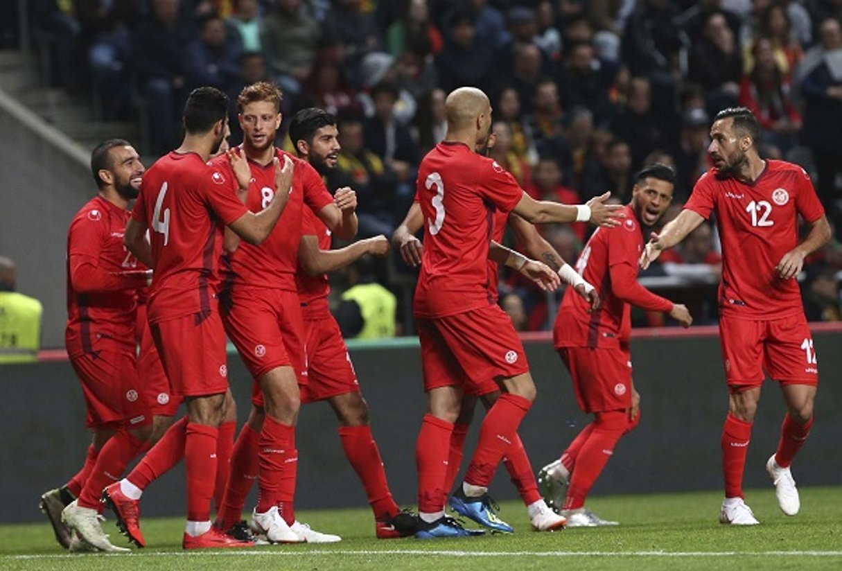 L’équipe de la Tunisie célèbre un but face au Portugal en match amical, le 28 mai 2018. © Armando Franca/AP/SIPA