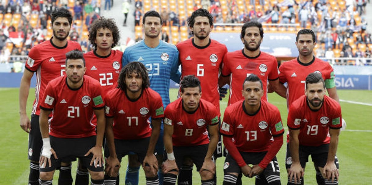 L’équipe de l’Égypte, sans Mohamed Salah, avant son premier match contre l’Uruguay, le 15 juin 2018 à Yekaterinburg, en Russie. © Mark Baker/AP/SIPA