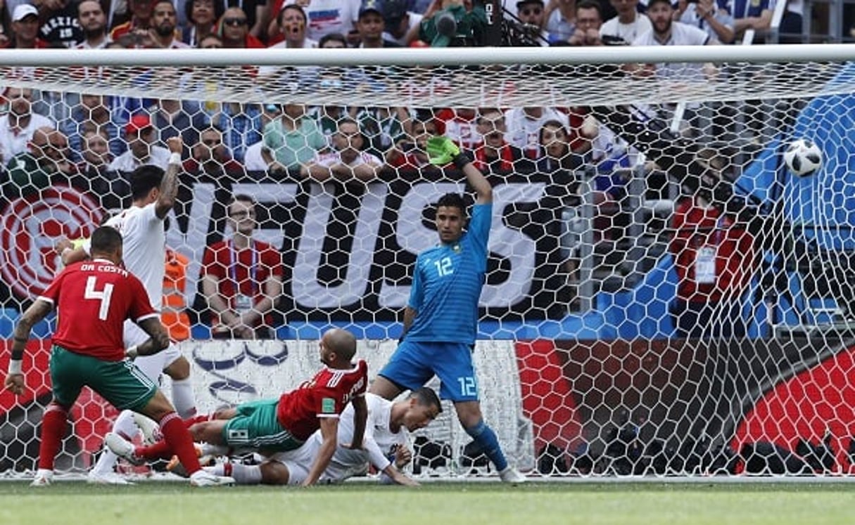 Les Marocains ont encaissé un but sur une tête de Ronaldo dès la 4e minute, le 20 juin à Moscou. © Hassan Ammar/AP/SIPA